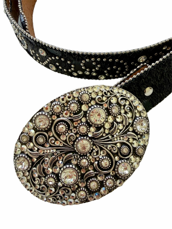Nocona Rhinestone Western Cowgirl Leather Cowhide Studded Black Silver Belt XL